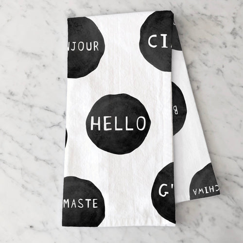 HELLO, Ciao, Bonjour, Hola, Namaste kitchen towel, kitchen hand towel, tea towel