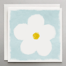 Load image into Gallery viewer, white flower note card with yellow center and sky blue background on cotton cardstock