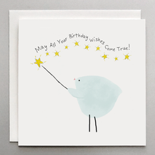 Load image into Gallery viewer, Greeting card with a blue bird holding a star wand and text &#39;May All Your Birthday Wishes Come True!&#39; on a white background.
