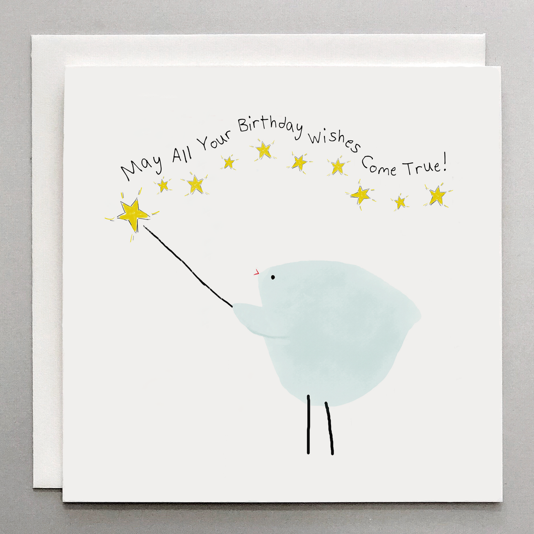 Greeting card with a blue bird holding a star wand and text 'May All Your Birthday Wishes Come True!' on a white background.