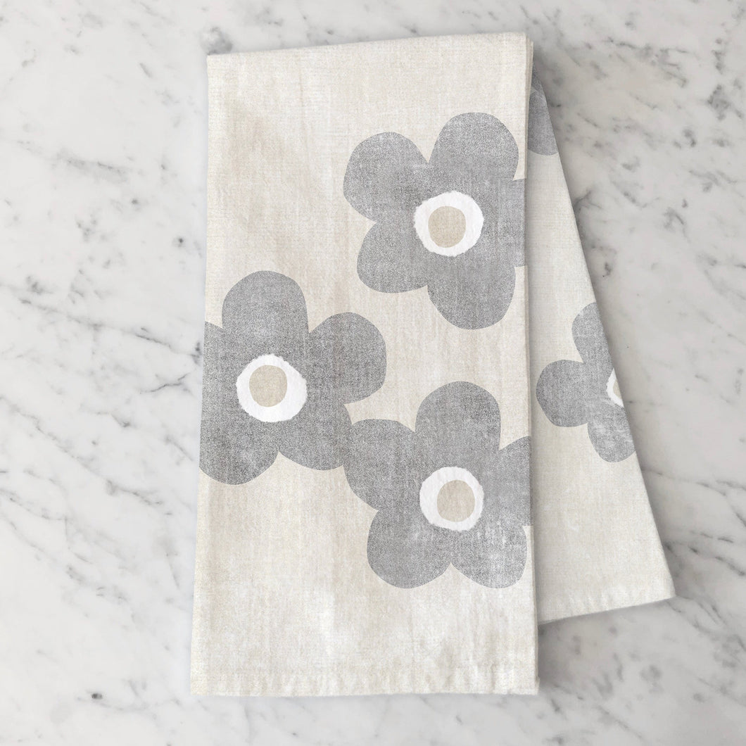 Rustic Tea Towel, Gray Flowers Floral Tea Towel, Rustic kitchen decor, tabletop linens