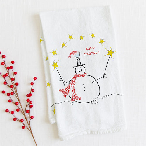 Merry Christmas Snowman Stars - Flour Sack Cotton Tea Towel