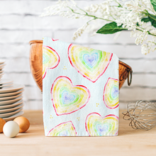 Load image into Gallery viewer, rainbow hearts tea towel, kitchen towels, susan case designs.