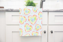 Load image into Gallery viewer, rainbow hearts tea towel, kitchen towels, susan case designs.