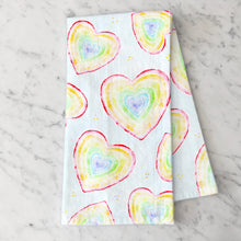 Load image into Gallery viewer, rainbow hearts tea towel, kitchen towels, susan case designs.