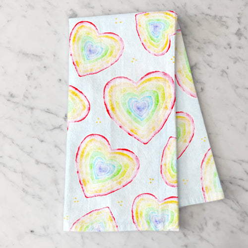 rainbow hearts tea towel, kitchen towels, susan case designs.