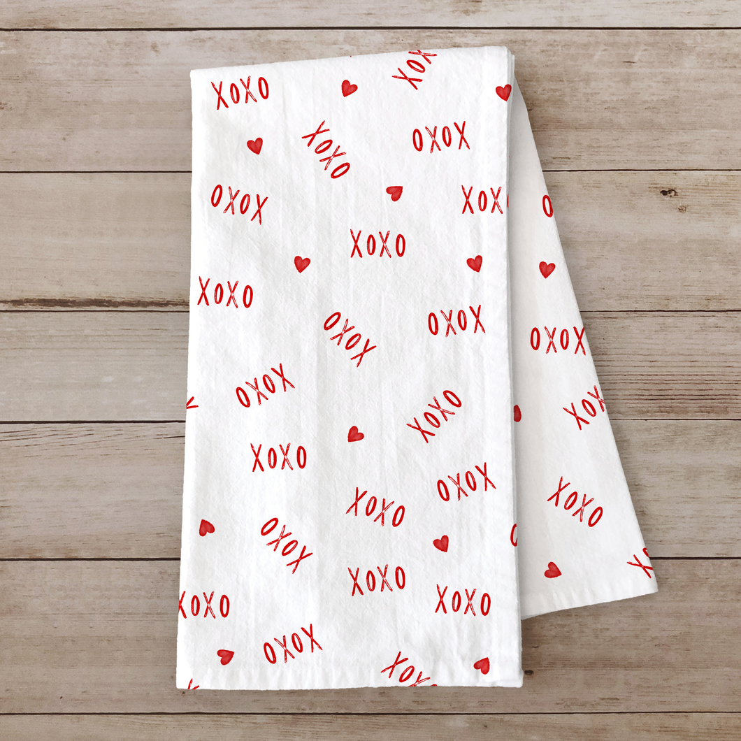 Hearts & XOXO Cotton Tea Towel – Red on White