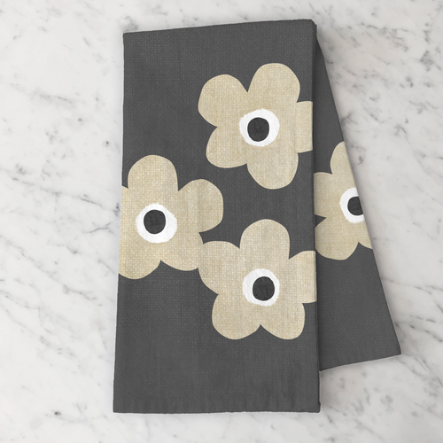 Floral Tea Towel- Beige Flowers on Charcoal