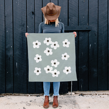 Load image into Gallery viewer, White Floral Cotton Tea Towel – Sunwashed Teal Kitchen Decor