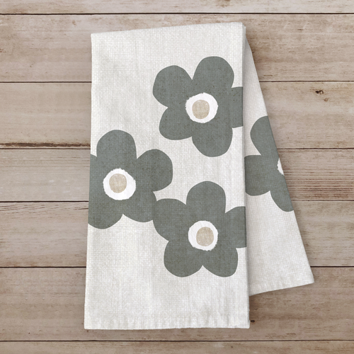 Floral Cotton Tea Towel – Dark Rustic Gray Flowers - Kitchen Decor