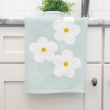Load image into Gallery viewer, White Floral Cotton Tea Towel – Sky Blue Kitchen Decor Gift