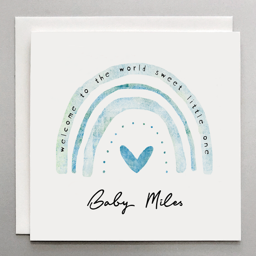 Welcome To The World Sweet Little One, Blue Rainbow - Personalized Baby Boy Card