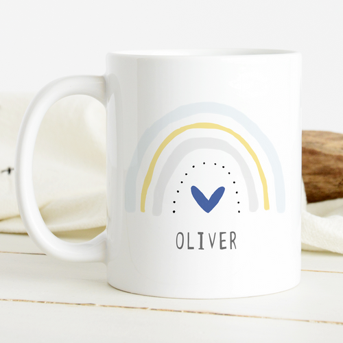 Child's Name Mug Blue Heart Rainbow