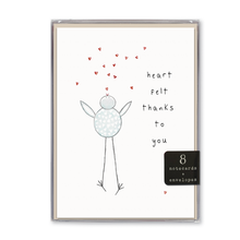 Load image into Gallery viewer, Boxed heartfelt thanks notecards set of 8 with bird illustration and shimmer detail