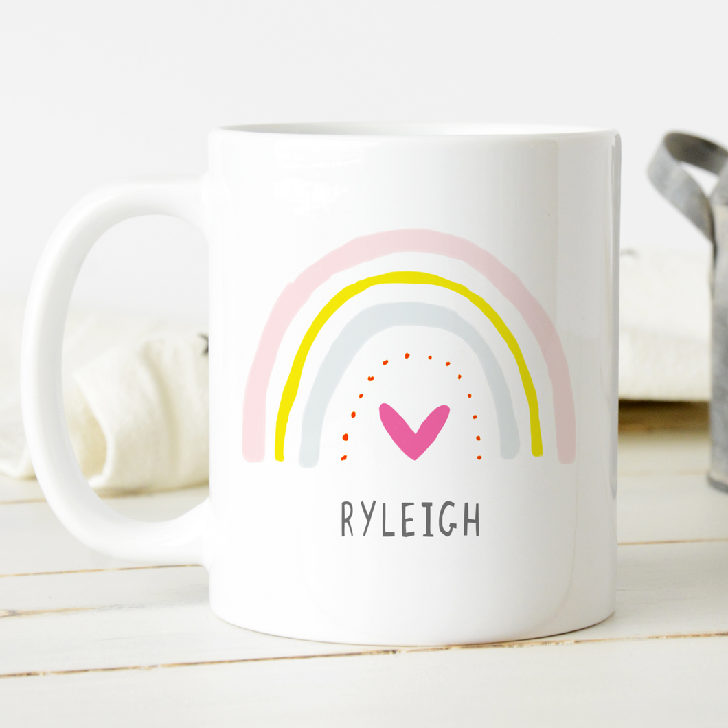 Child's Name Mug Pink Heart Rainbow