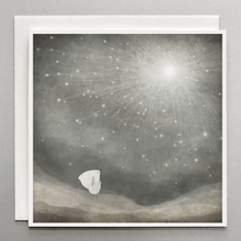 Load image into Gallery viewer, small art card with celestial starburst scene and 2 birds night sky watching