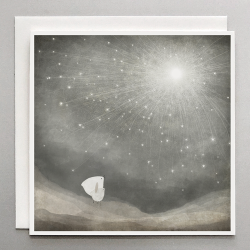 small art card with celestial starburst scene and 2 birds night sky watching