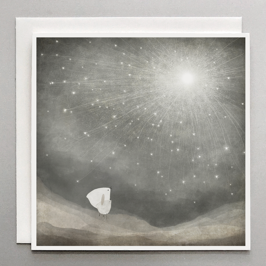 small art card with celestial starburst scene and 2 birds night sky watching