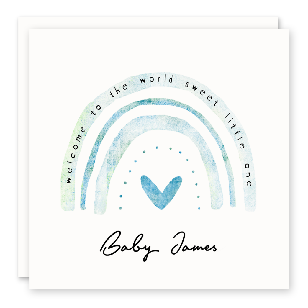Welcome To The World Sweet Little One, Blue Rainbow - Personalized Baby Boy Card