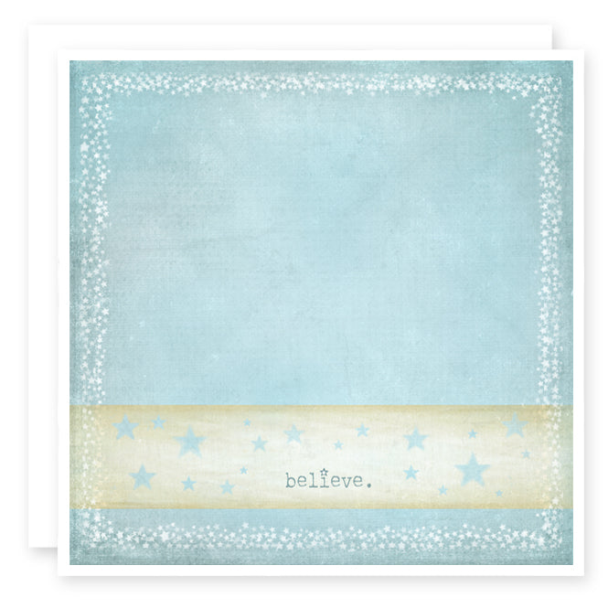 Believe Greeting card print, blue with tiny stars around the word believe