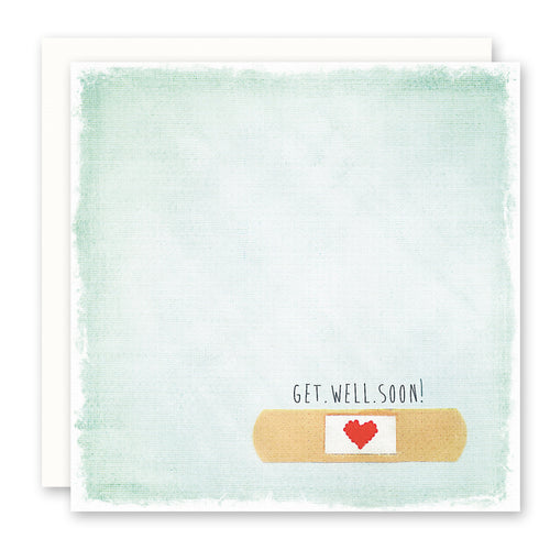 Get Well Soon Card with bandaid and red heart, blank inside, square