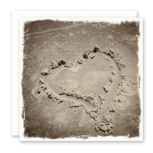 hand drawn heart in sand - beach theme greeting card - beach wedding card