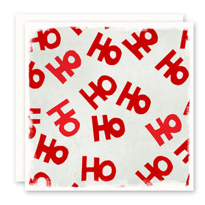 HO HO HO christmas card, bright red lettering, blank inside, cheery and fun