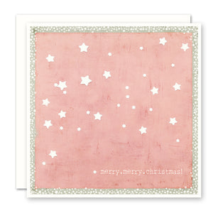 Merry Christmas Card with white stars against red background, blank inside 