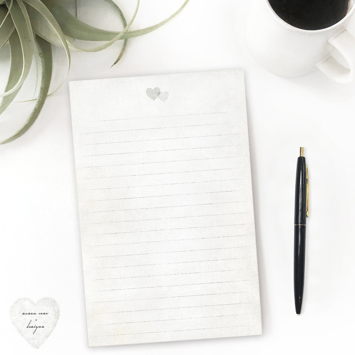 heart lined stationery pad, two hearts, neutral tone, susan case designs 